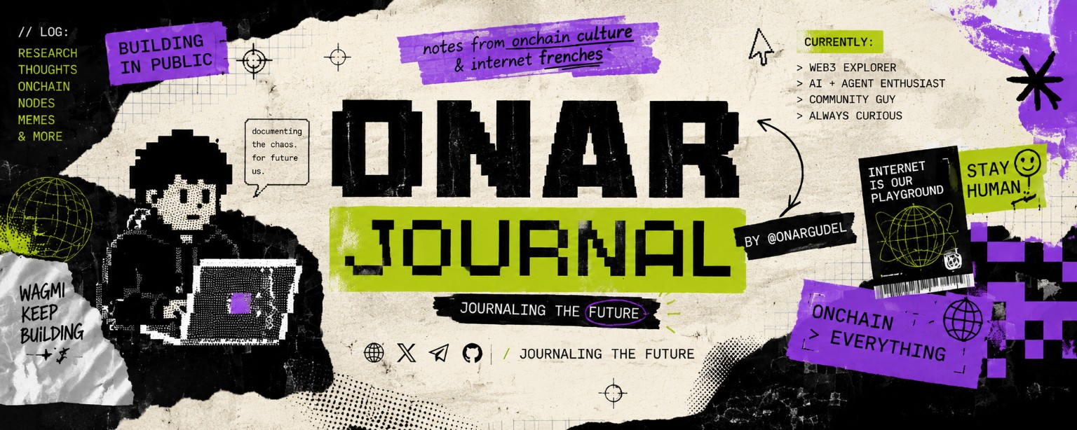 Kolase Onar Journal: karakter pixel di laptop, stiker komunitas, ONAR JOURNAL